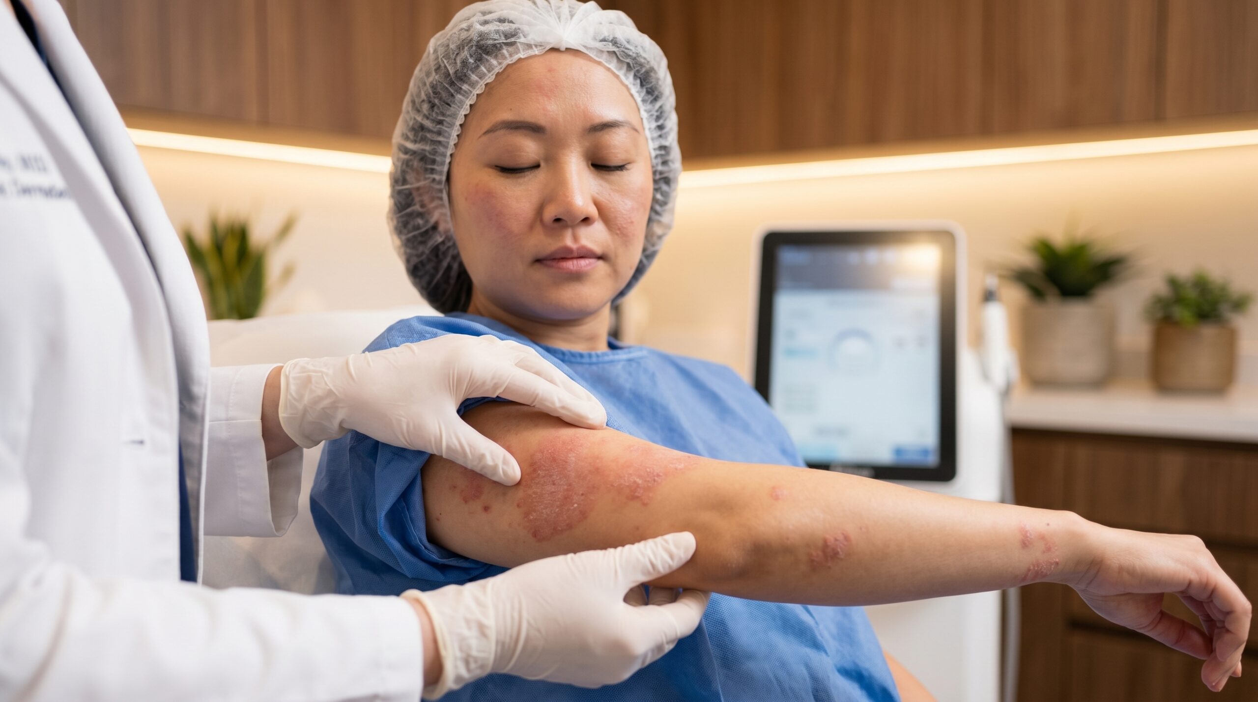 Dermatologist examining atopic dermatitis on a patient's arm at Couture Dermatology and Laser Beverly Hills