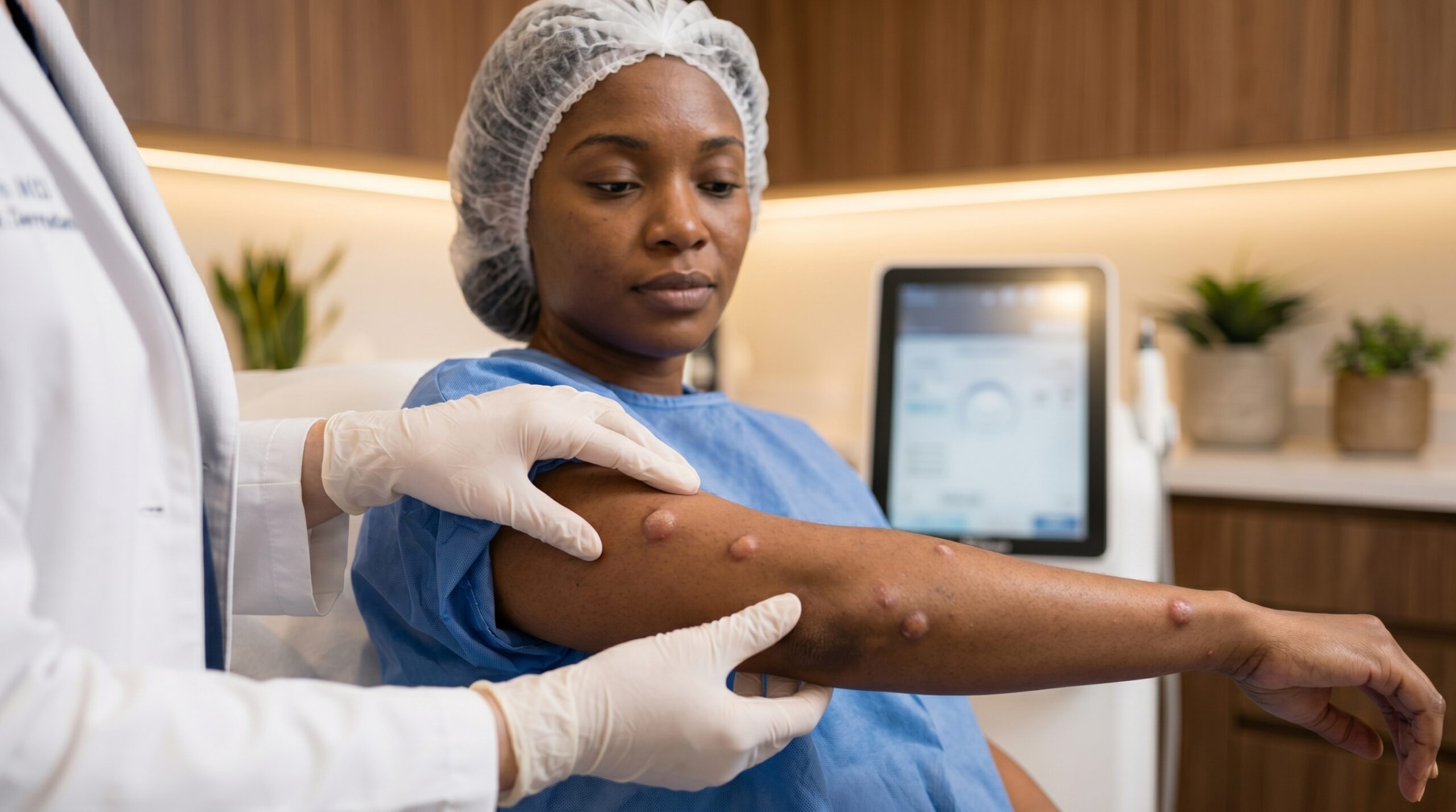 Dermatologist evaluating a skin cyst at Couture Dermatology and Laser Beverly Hills