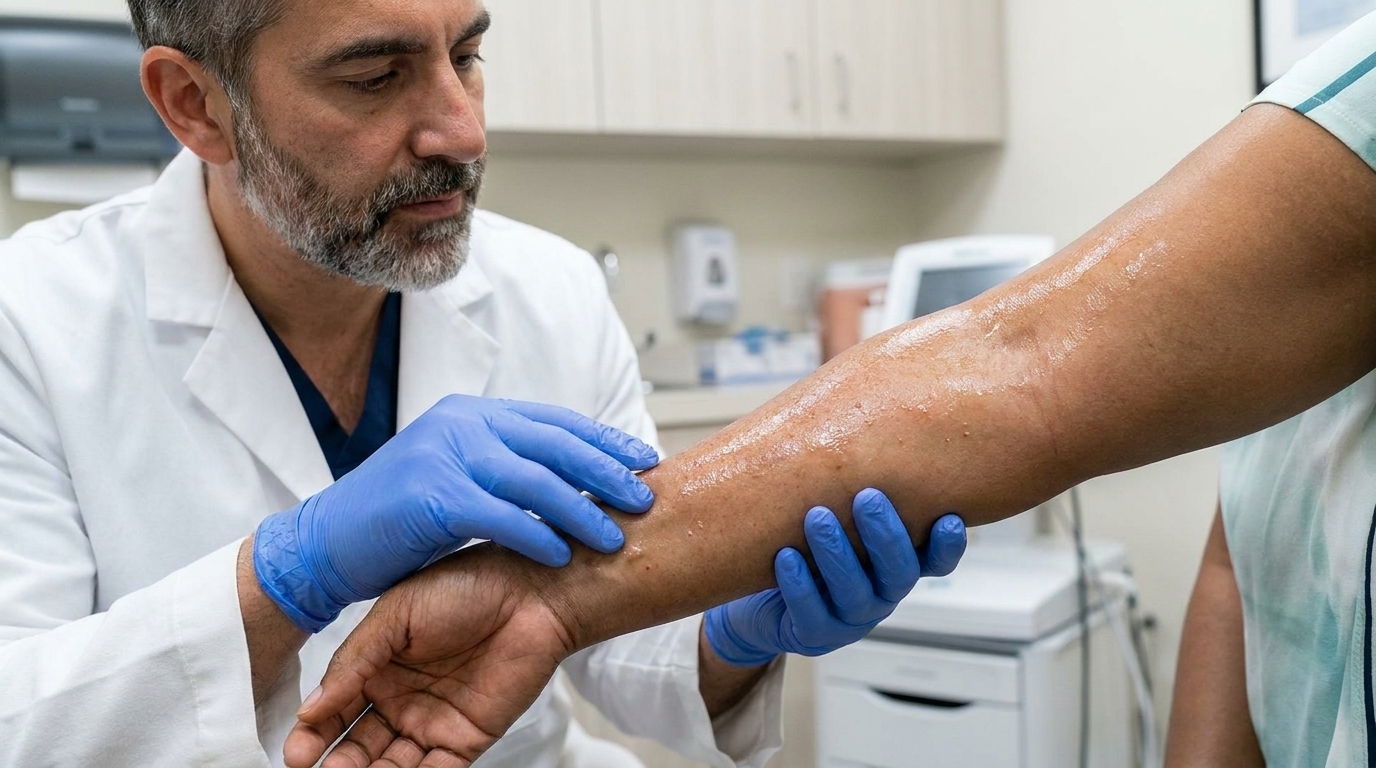 Dermatologist evaluating hyperhidrosis and excessive sweating at Couture Dermatology and Laser Beverly Hills