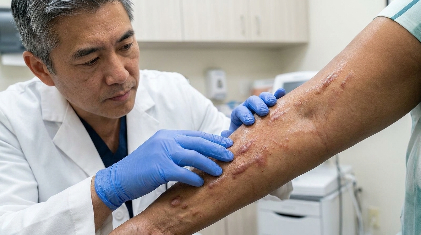Dermatologist assessing keloid scar on patient at Couture Dermatology and Laser Beverly Hills