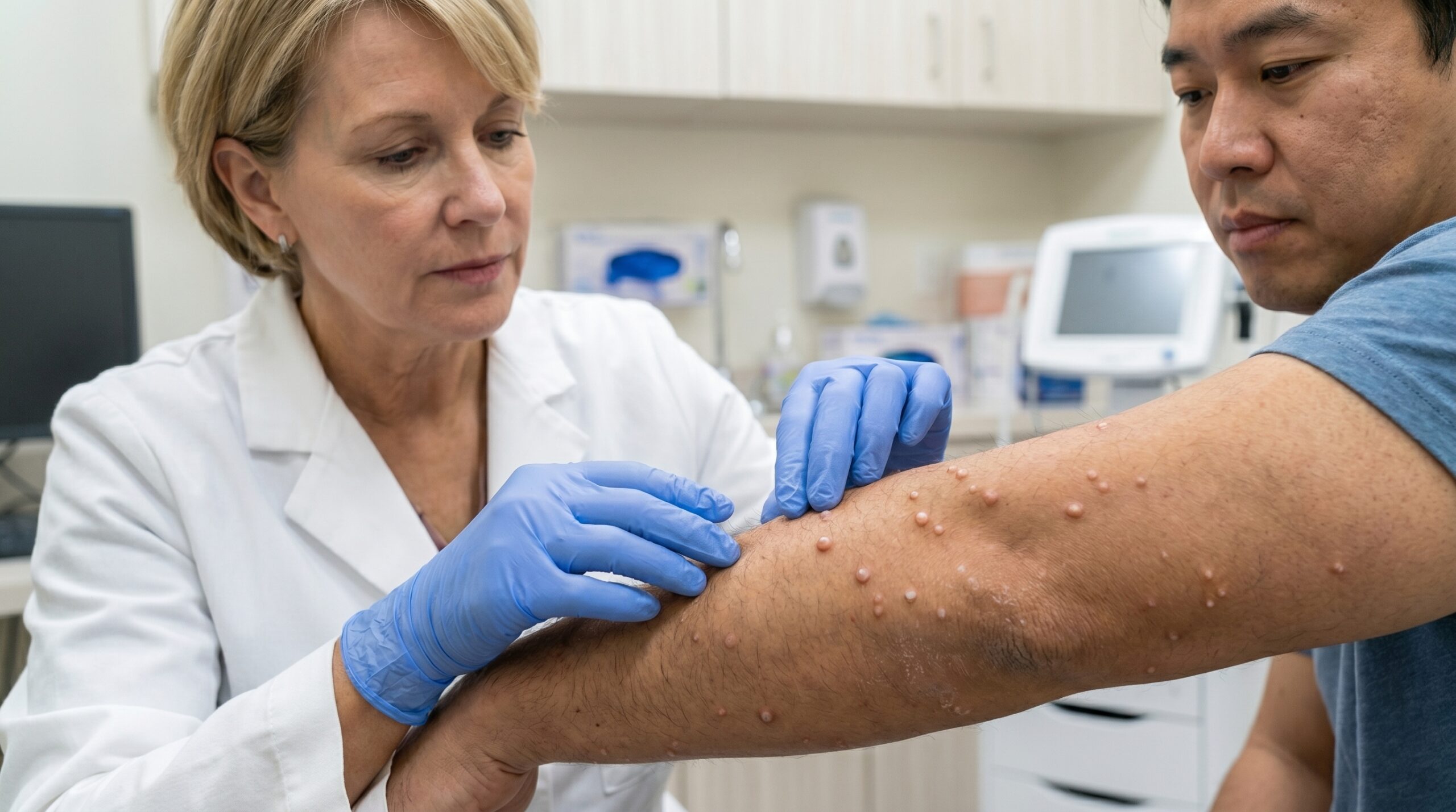 Dermatologist examining molluscum contagiosum skin lesions at Couture Dermatology and Laser Beverly Hills