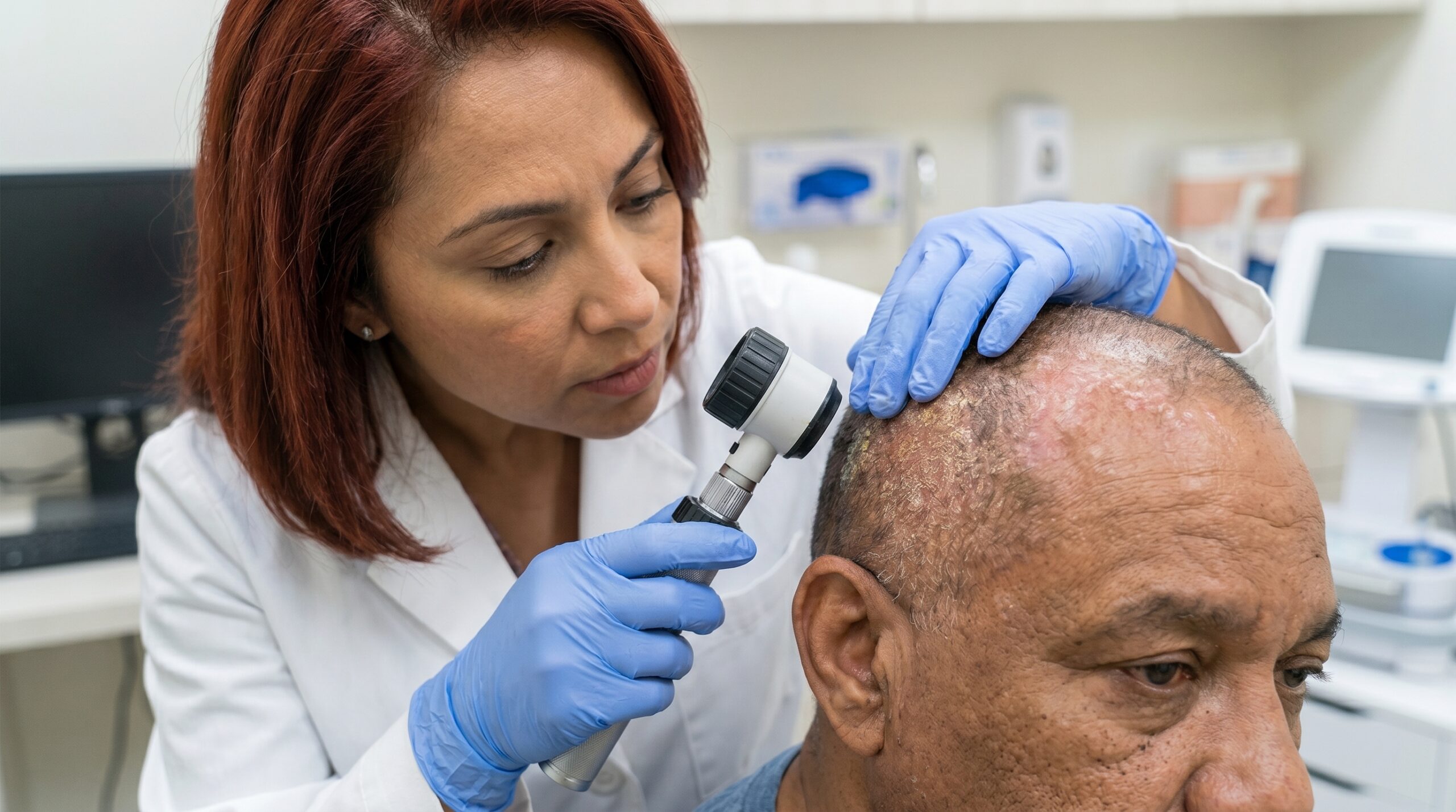 Dermatologist examining seborrheic dermatitis on the scalp and face at Couture Dermatology and Laser Beverly Hills