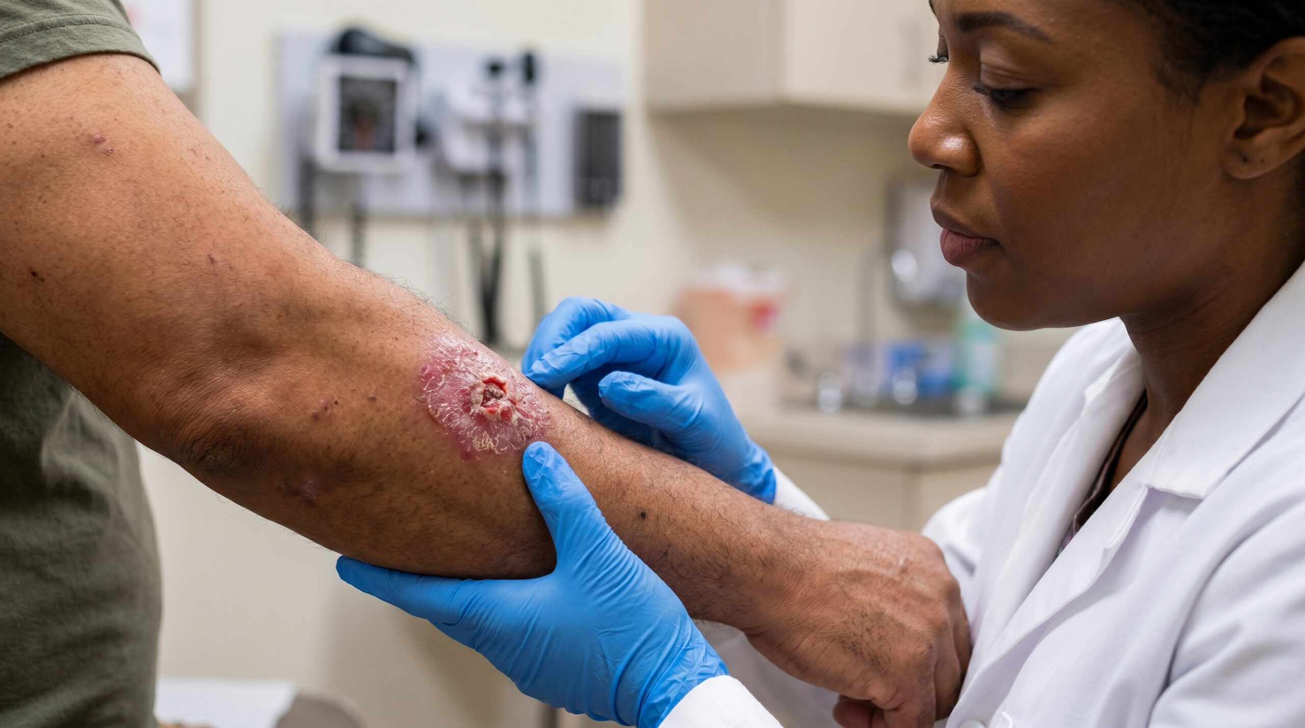 Dermatologist examining skin for squamous cell carcinoma at Couture Dermatology and Laser Beverly Hills