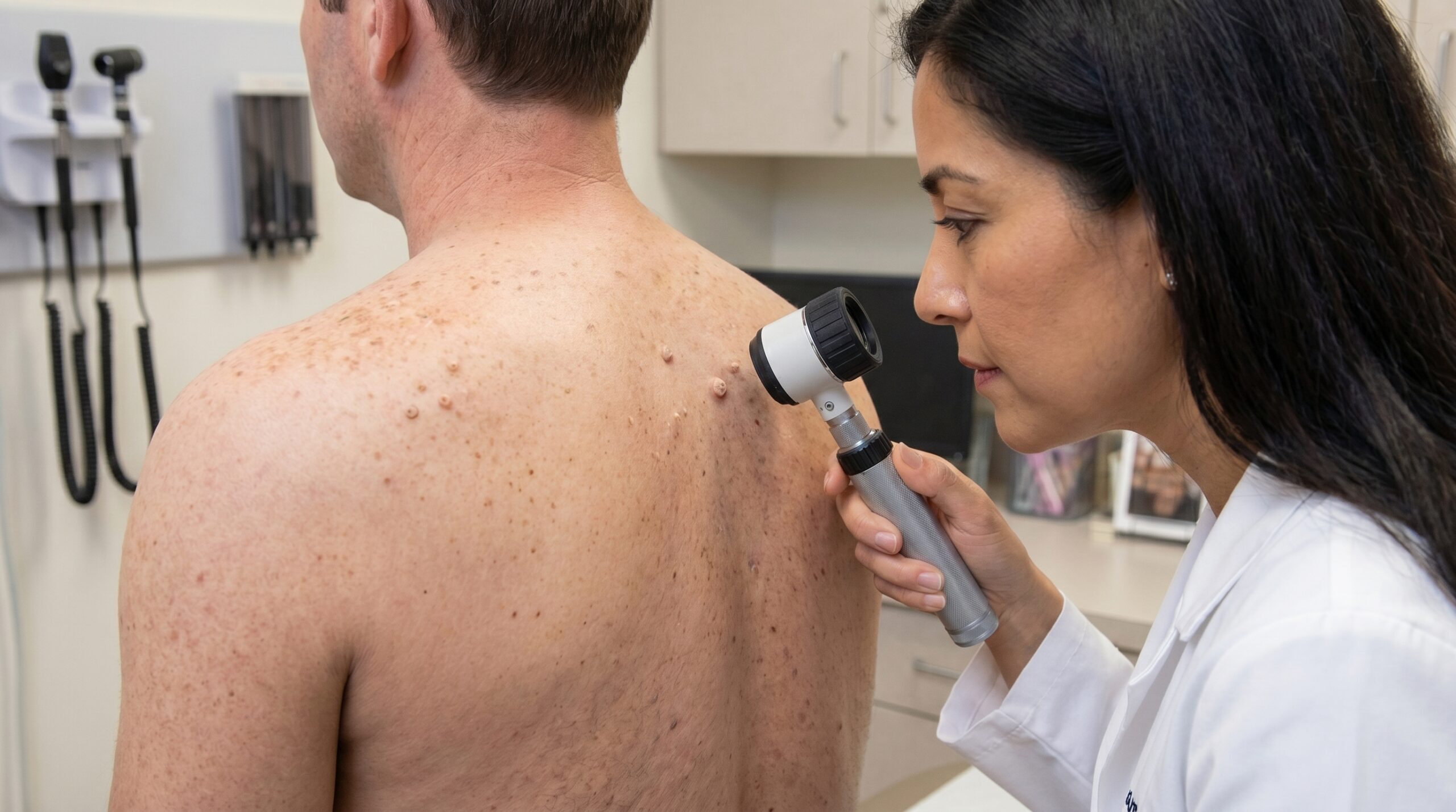 Dermatologist examining wart on patient's hand at Couture Dermatology and Laser Beverly Hills