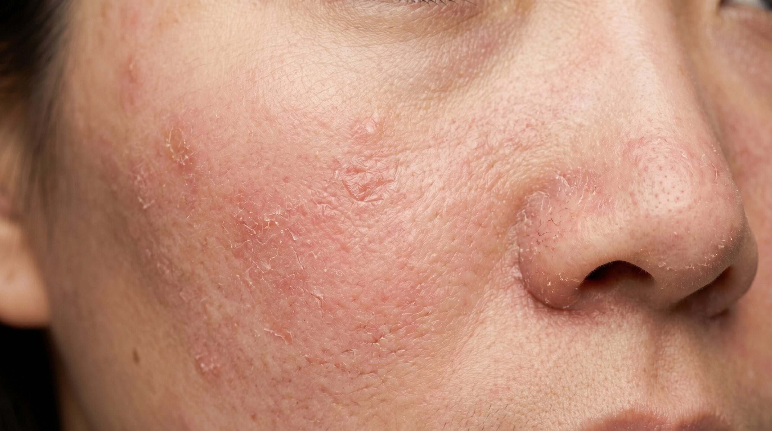 Close-up of atopic dermatitis skin showing dry, inflamed, and lichenified patches
