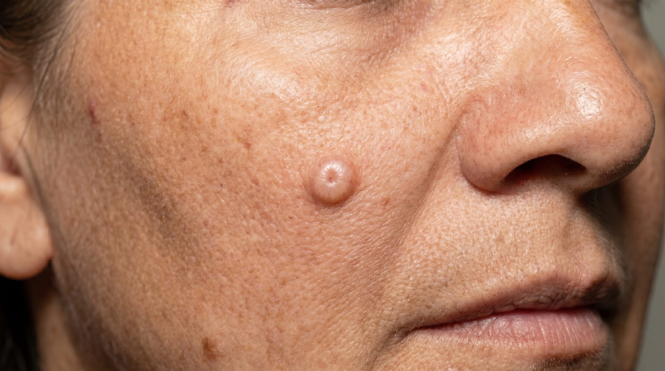 Clinical close-up of an epidermoid cyst with visible central punctum