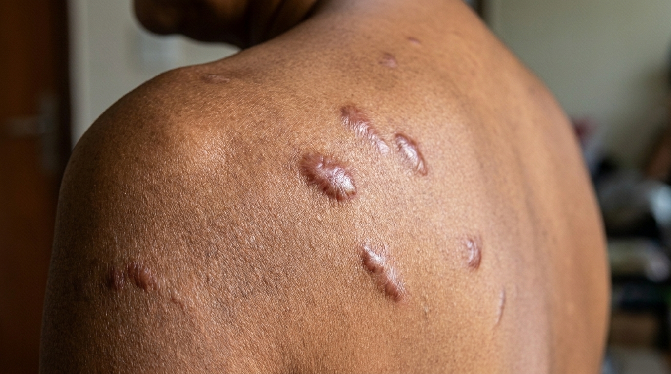 Close-up of keloid scar tissue illustrating overgrowth beyond original wound border