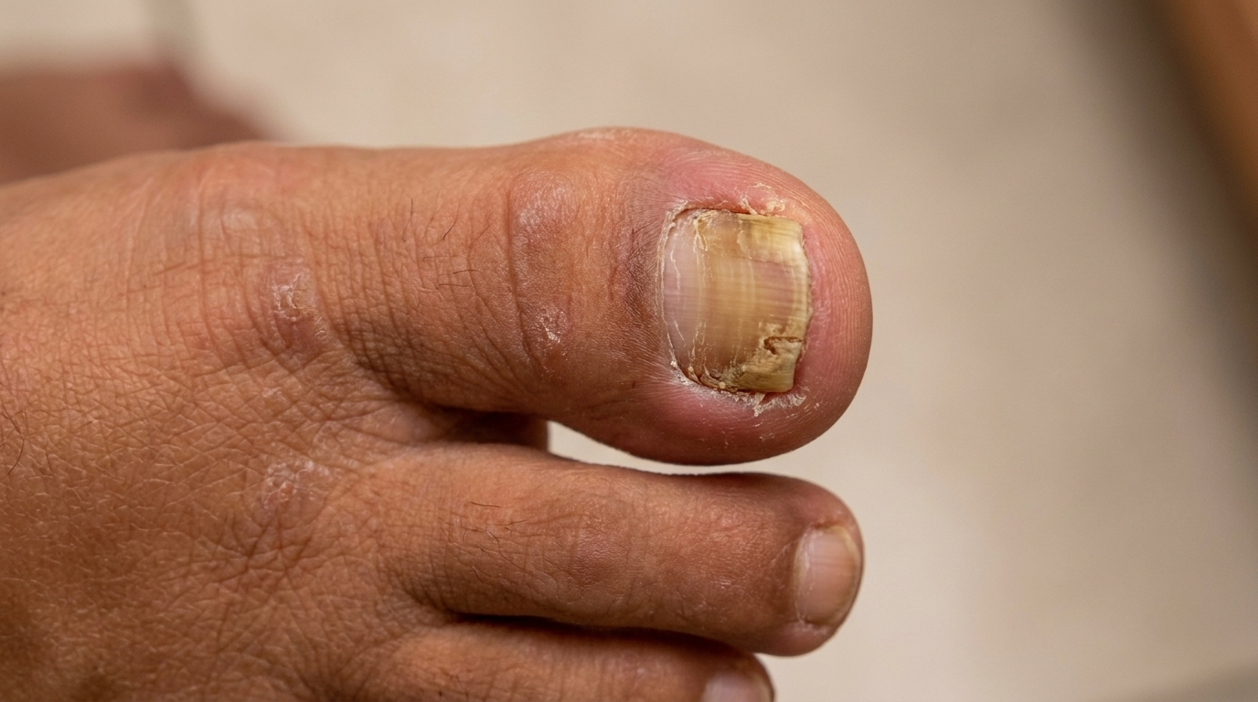 Clinical close-up of onychomycosis showing nail thickening and discoloration