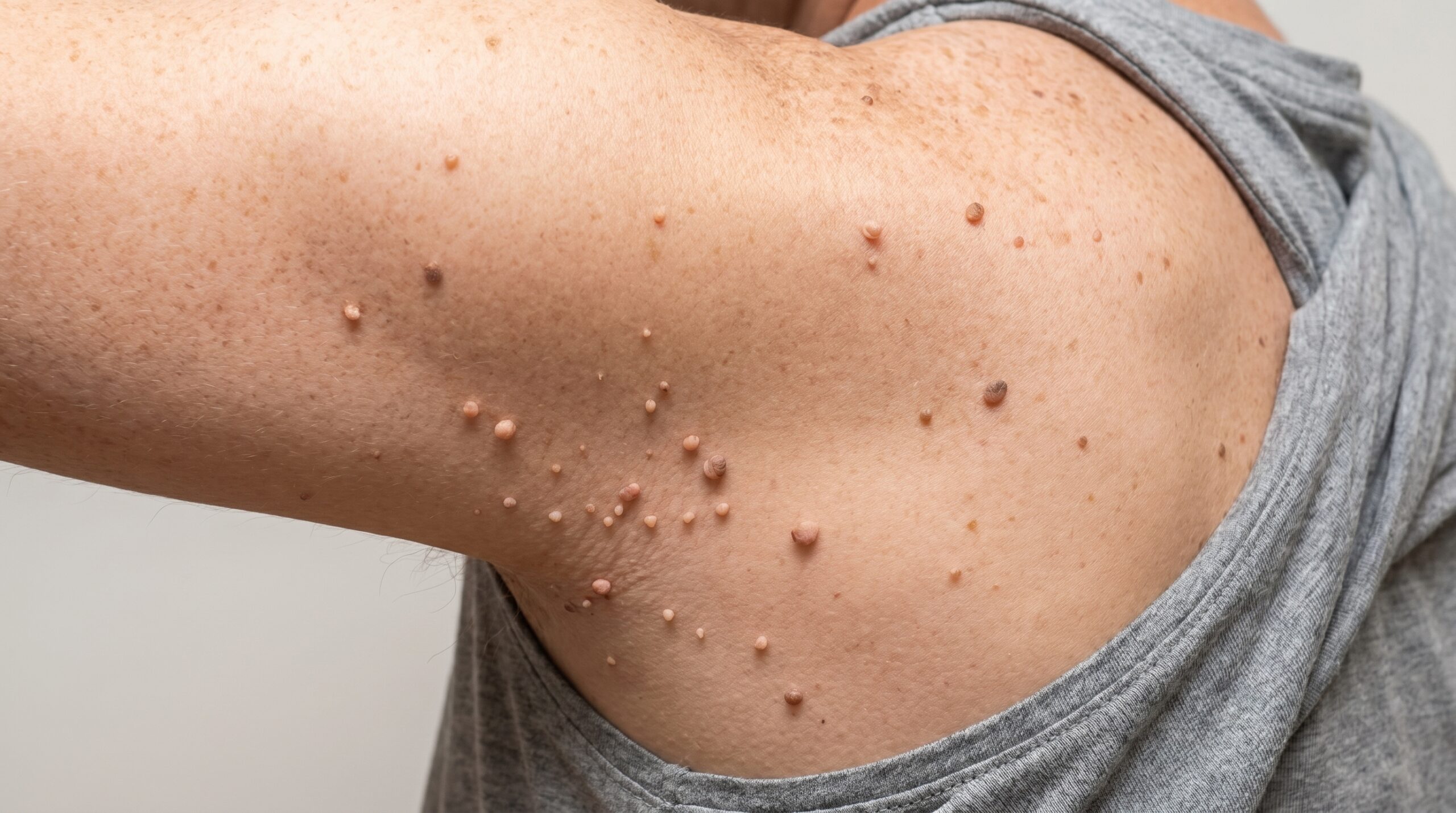 Close-up of skin tags on neck and underarm area, common friction zones