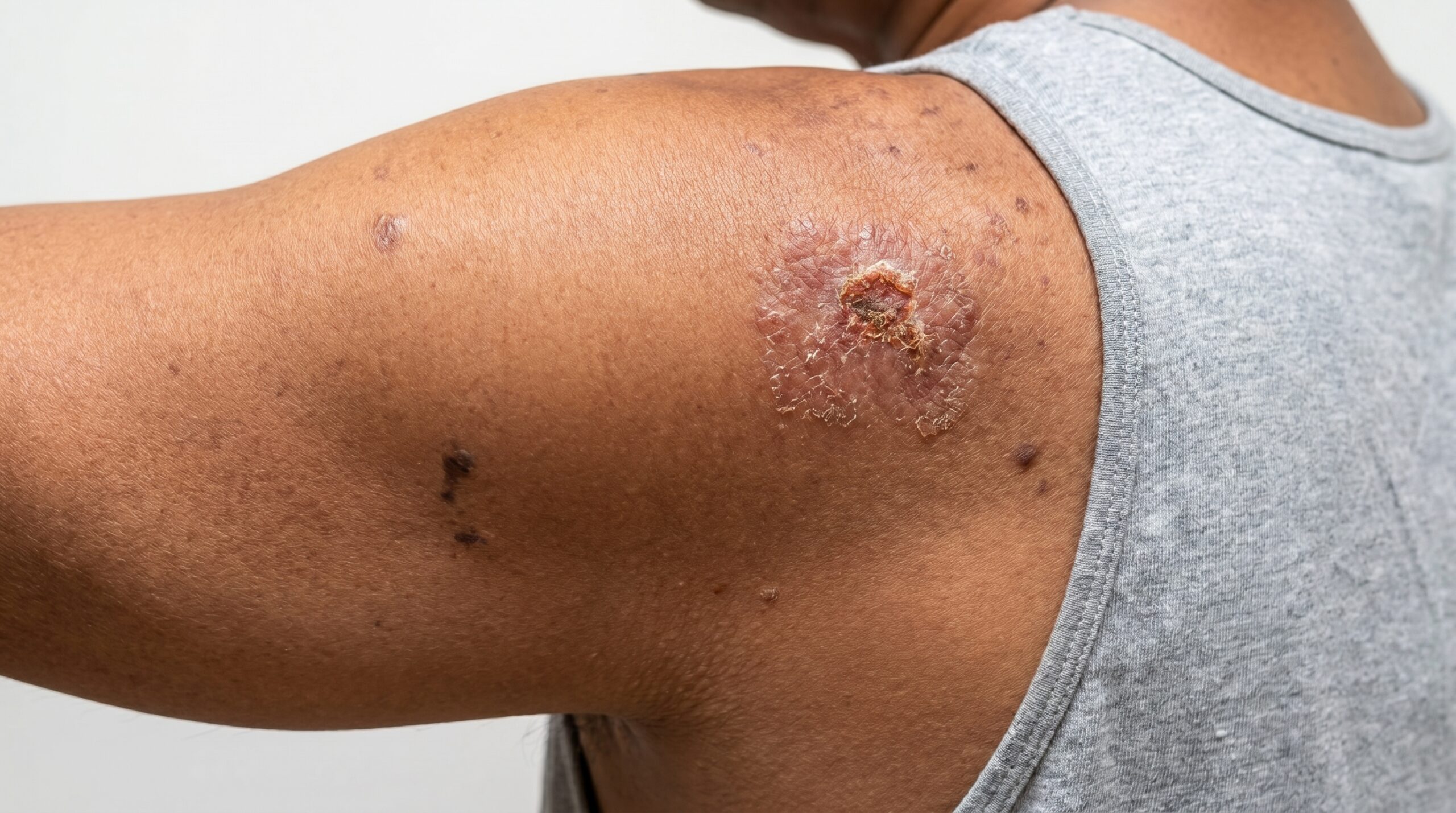 Clinical dermoscopy evaluation of squamous cell carcinoma lesion at Couture Dermatology and Laser