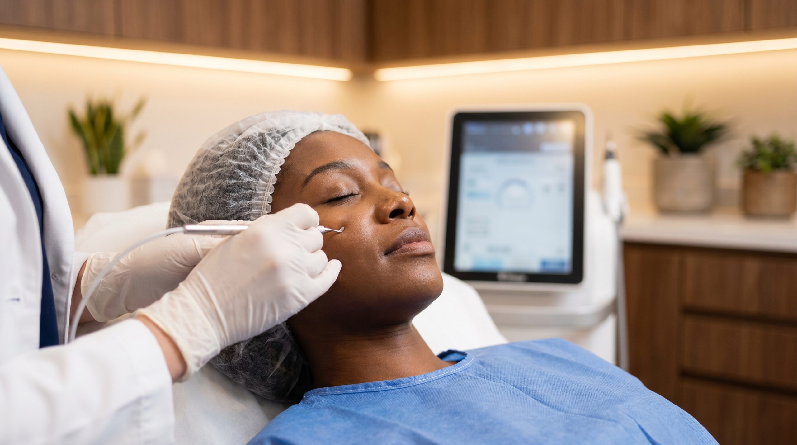 Dermatologist performing actinic keratosis field treatment on patient at Couture Dermatology Beverly Hills