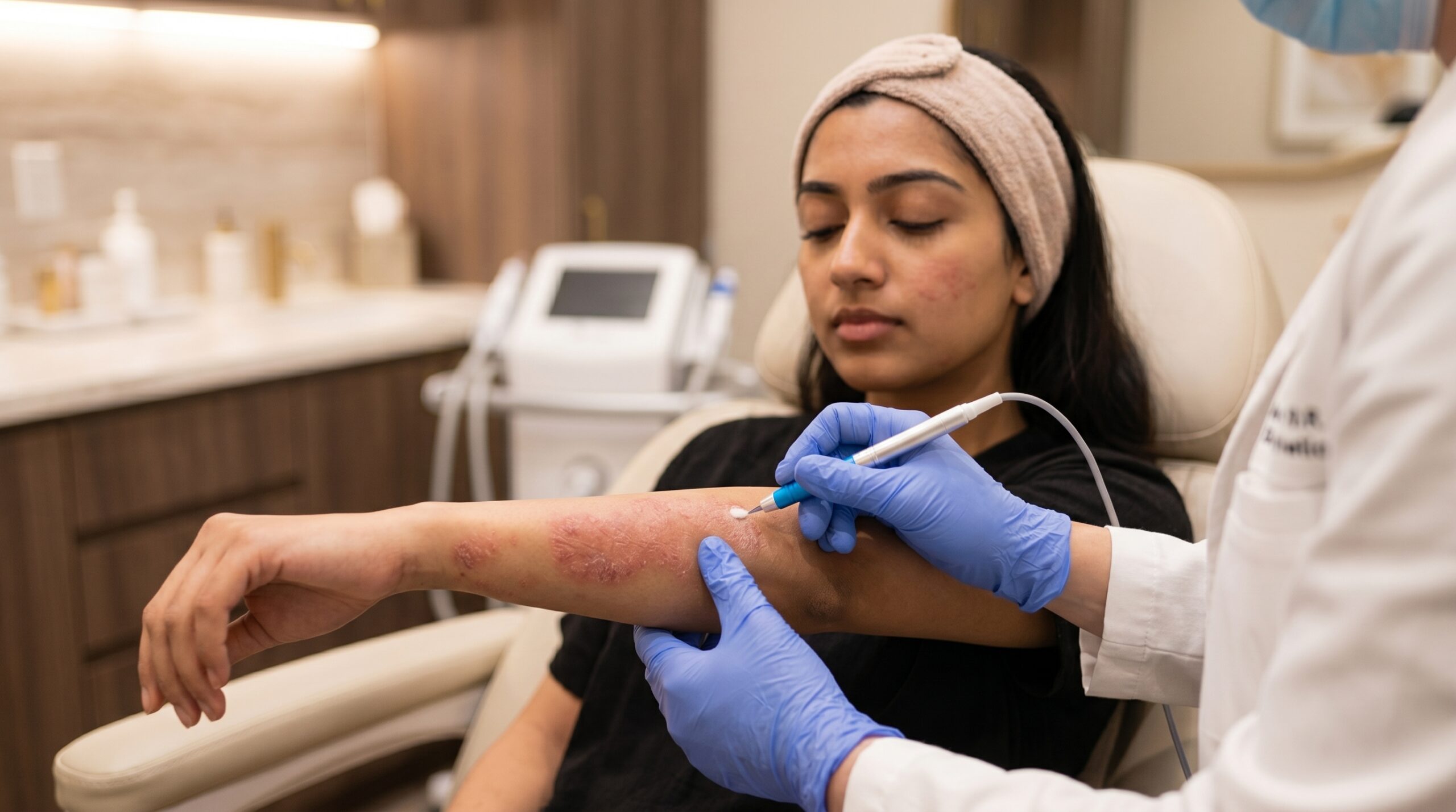 Dermatologist reviewing atopic dermatitis treatment plan with patient at Couture Dermatology and Laser
