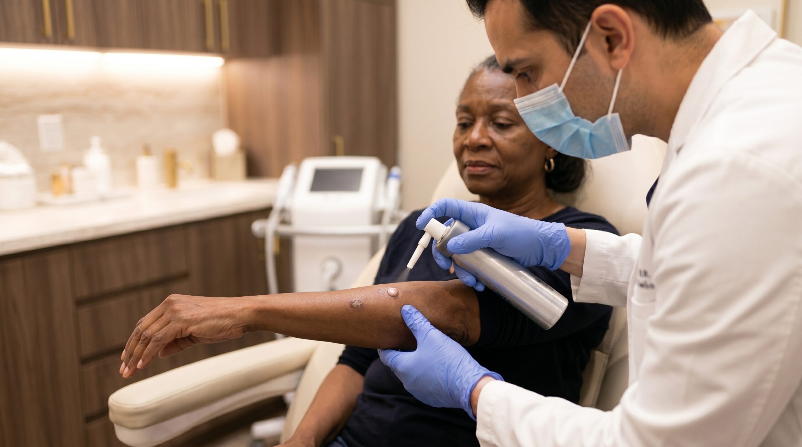 Dermatologist performing skin cancer evaluation and dermoscopy at Couture Dermatology and Laser Beverly Hills