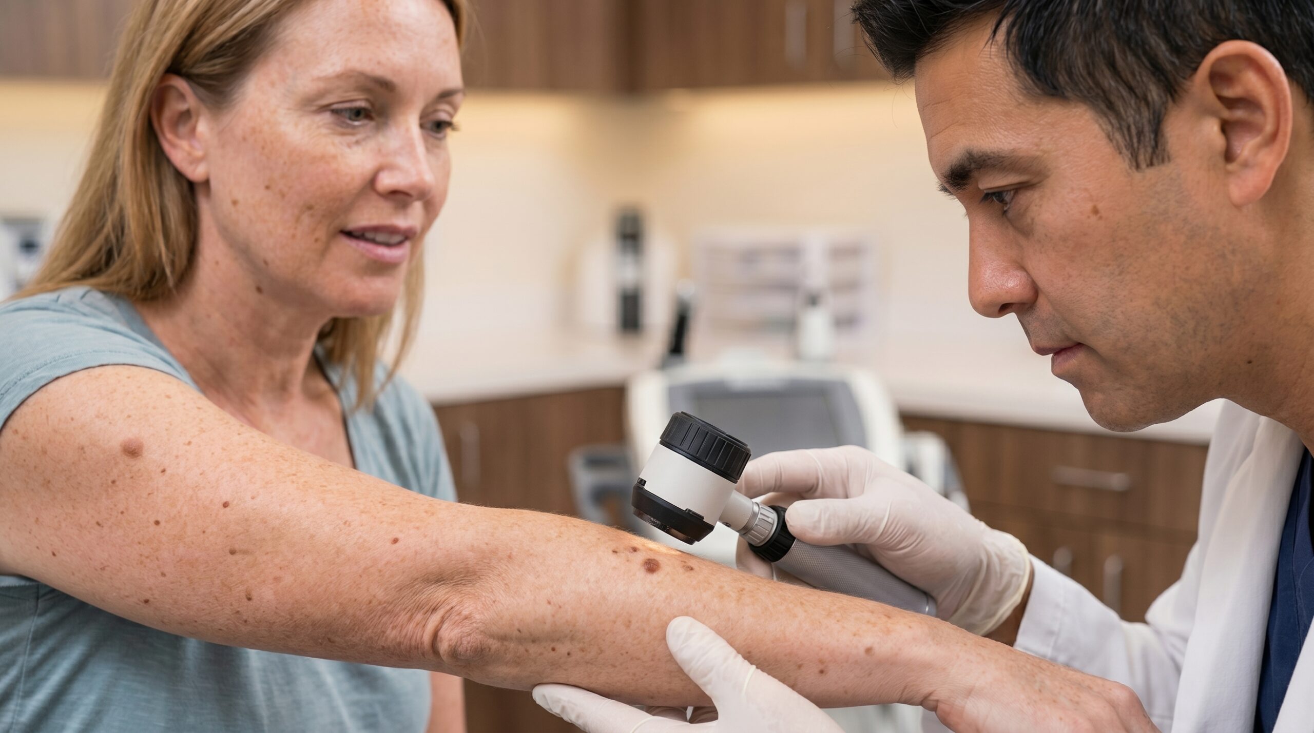 Dermatologist performing mole examination with dermoscopy at Couture Dermatology and Laser Beverly Hills
