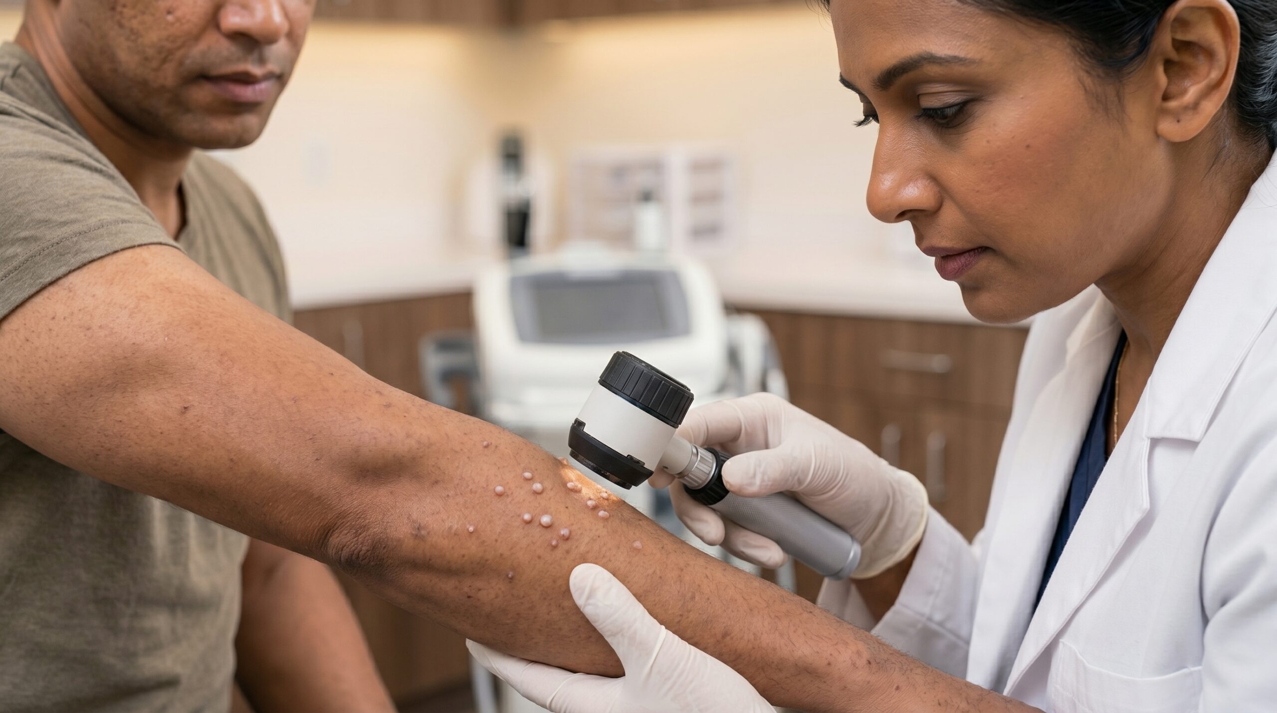 Dermatologist applying cantharidin treatment for molluscum contagiosum at Couture Dermatology and Laser Beverly Hills