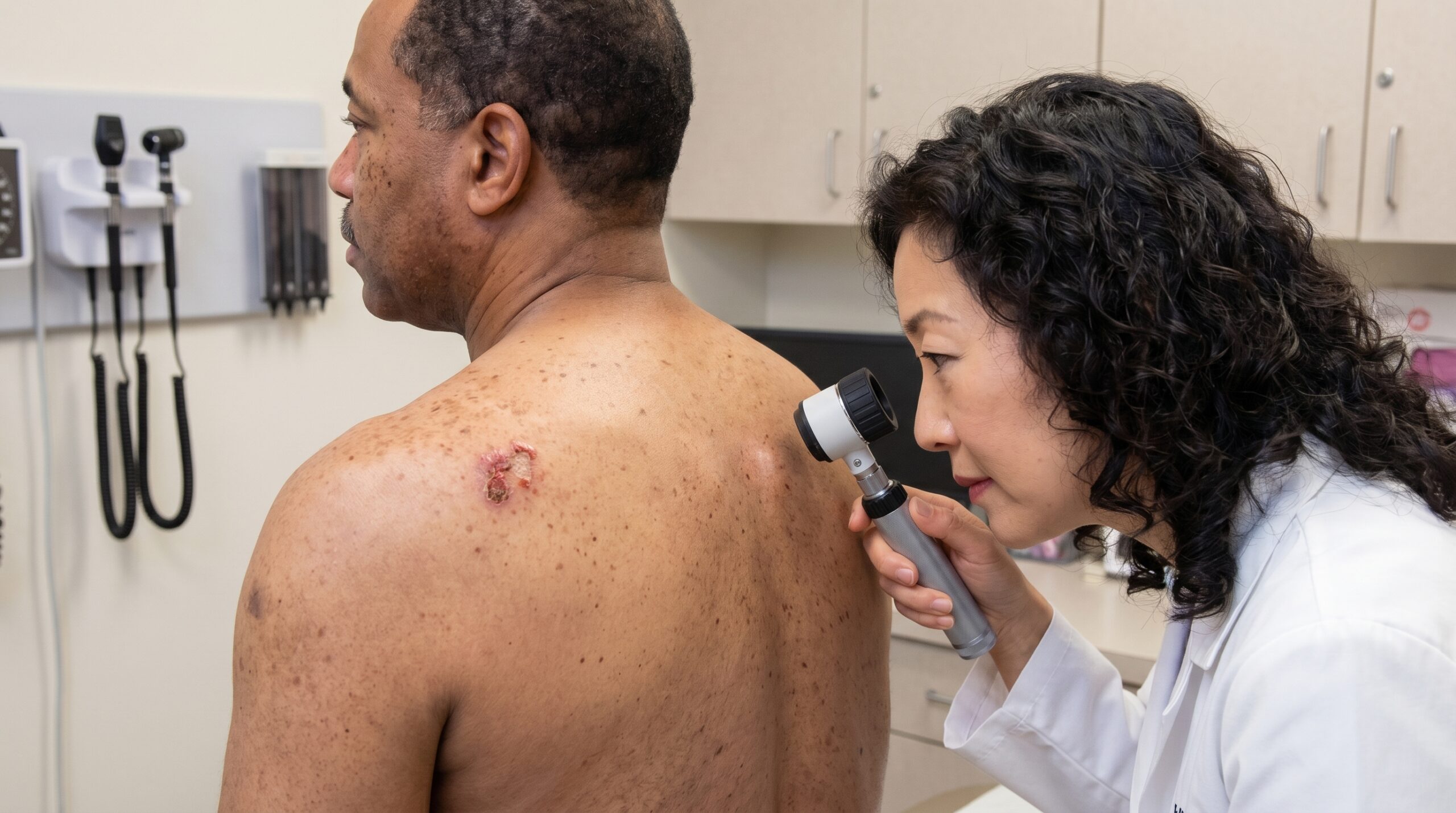 Dermatologist performing Mohs surgery margin evaluation for squamous cell carcinoma at Couture Dermatology and Laser