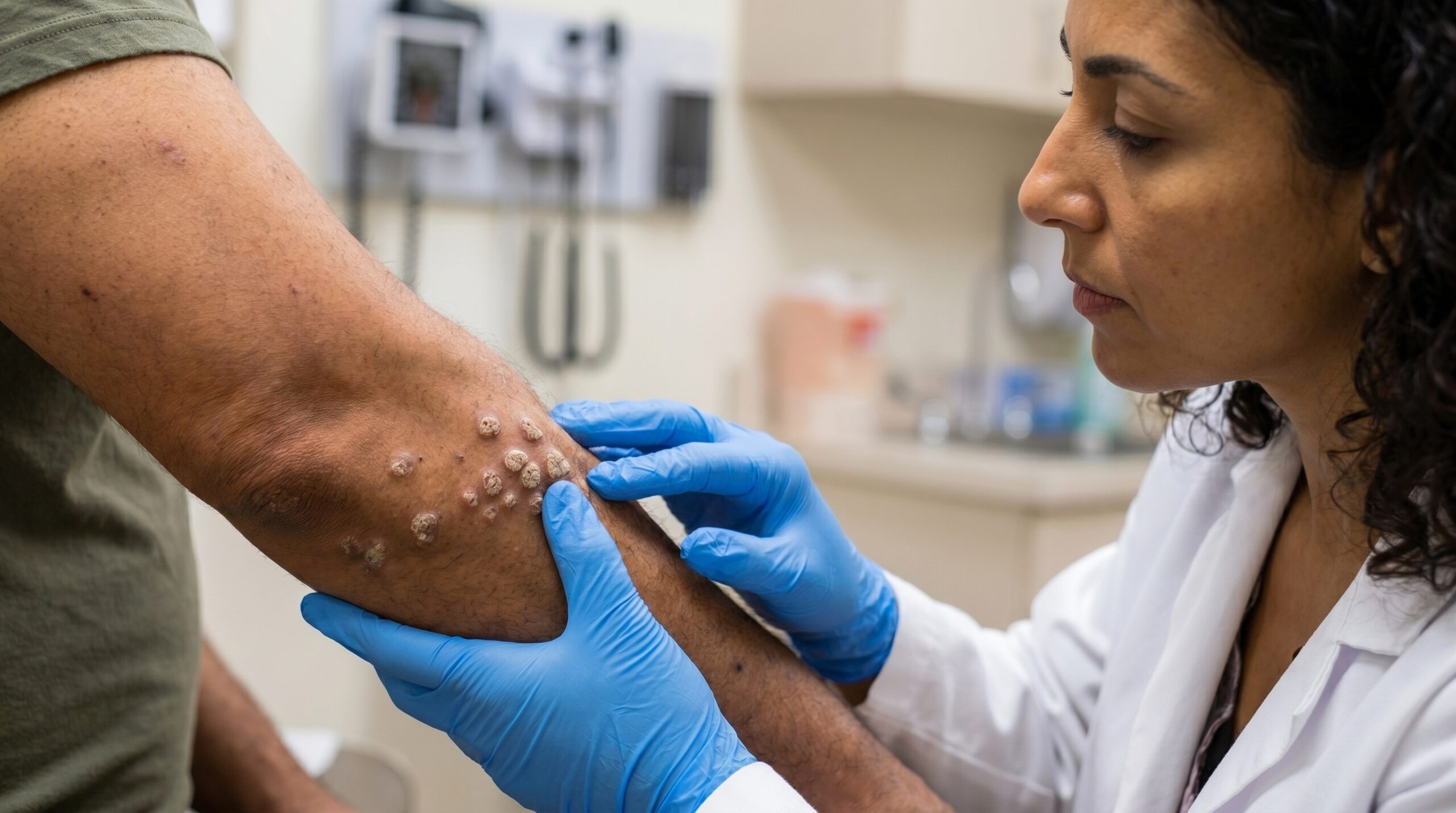 Dermatologist applying cryotherapy to wart on patient's foot at Couture Dermatology and Laser Beverly Hills