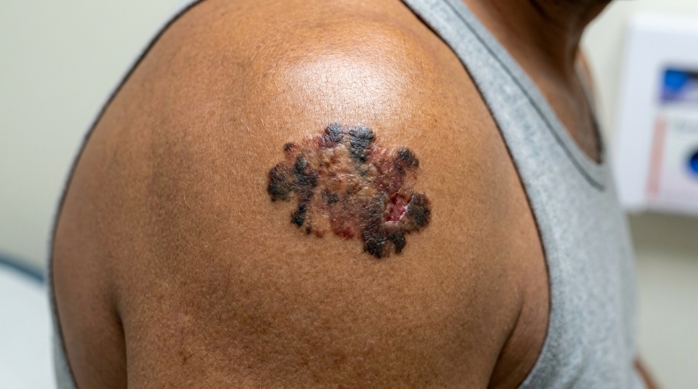 Dermoscopic evaluation of a suspicious pigmented lesion showing ABCDE melanoma warning criteria