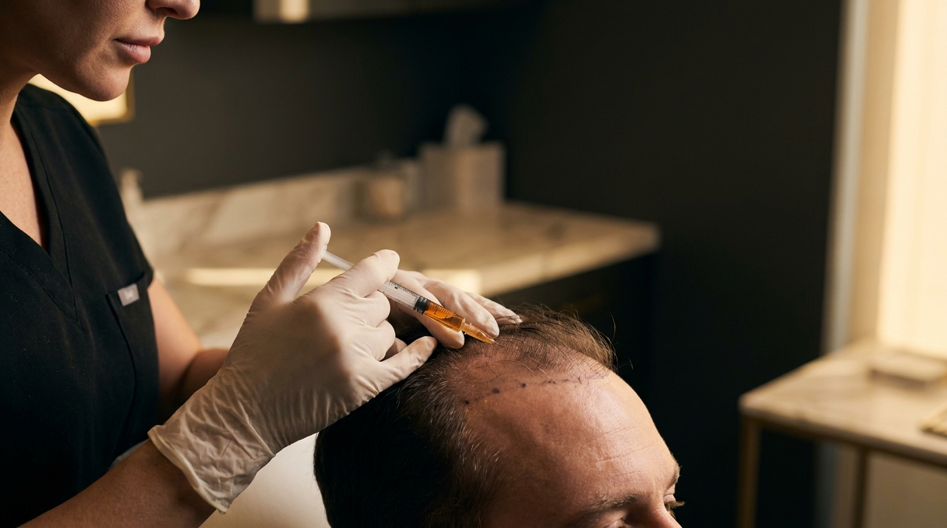 Board-certified dermatologist performing PRP scalp injection for hair restoration at Couture Dermatology and Laser