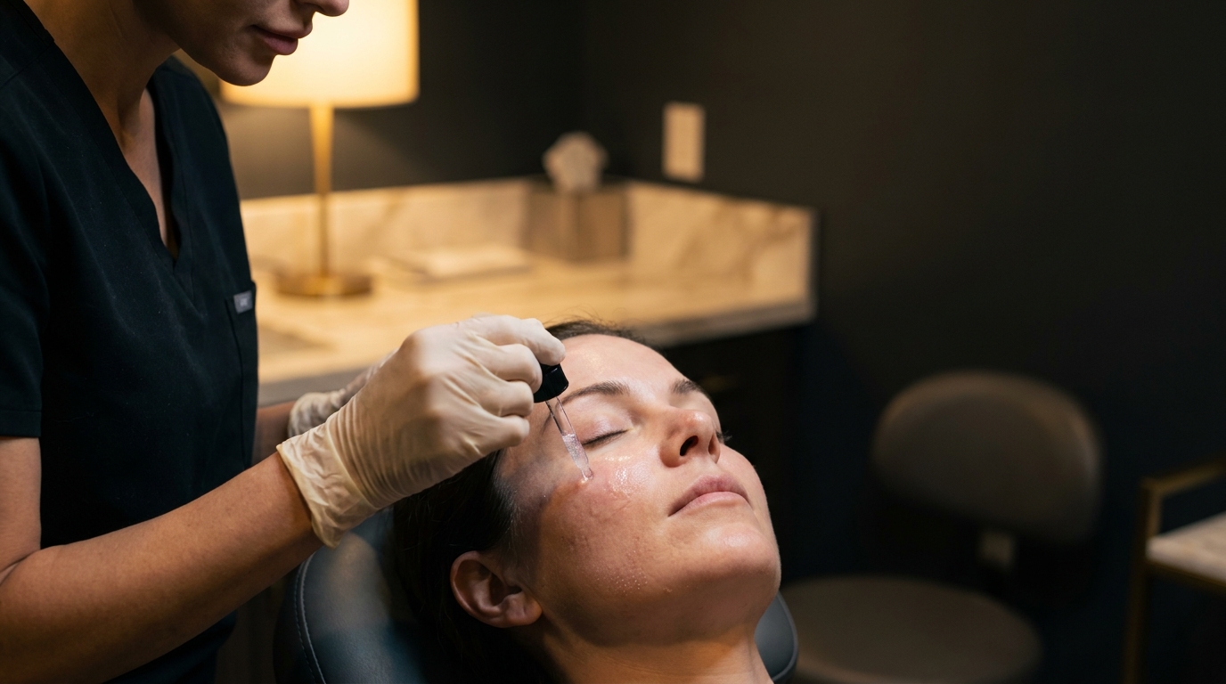 Board-certified dermatologist applying exosome serum after microneedling at Couture Dermatology and Laser
