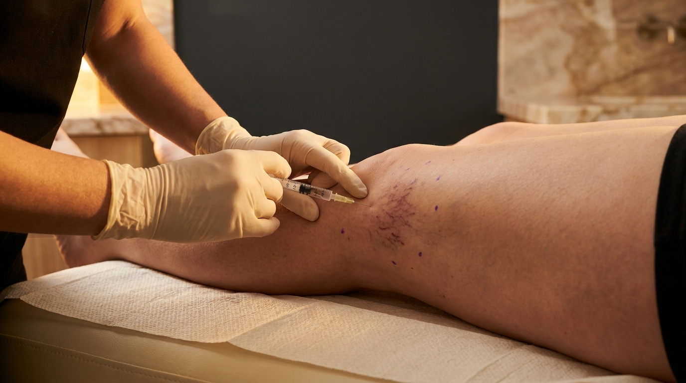 Board-certified dermatologist performing sclerotherapy injection for leg spider veins at Couture Dermatology and Laser
