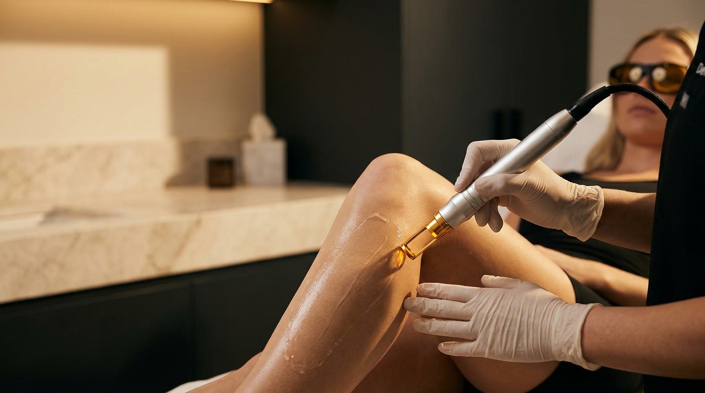 Board-certified dermatologist performing laser spider vein removal procedure at Couture Dermatology and Laser