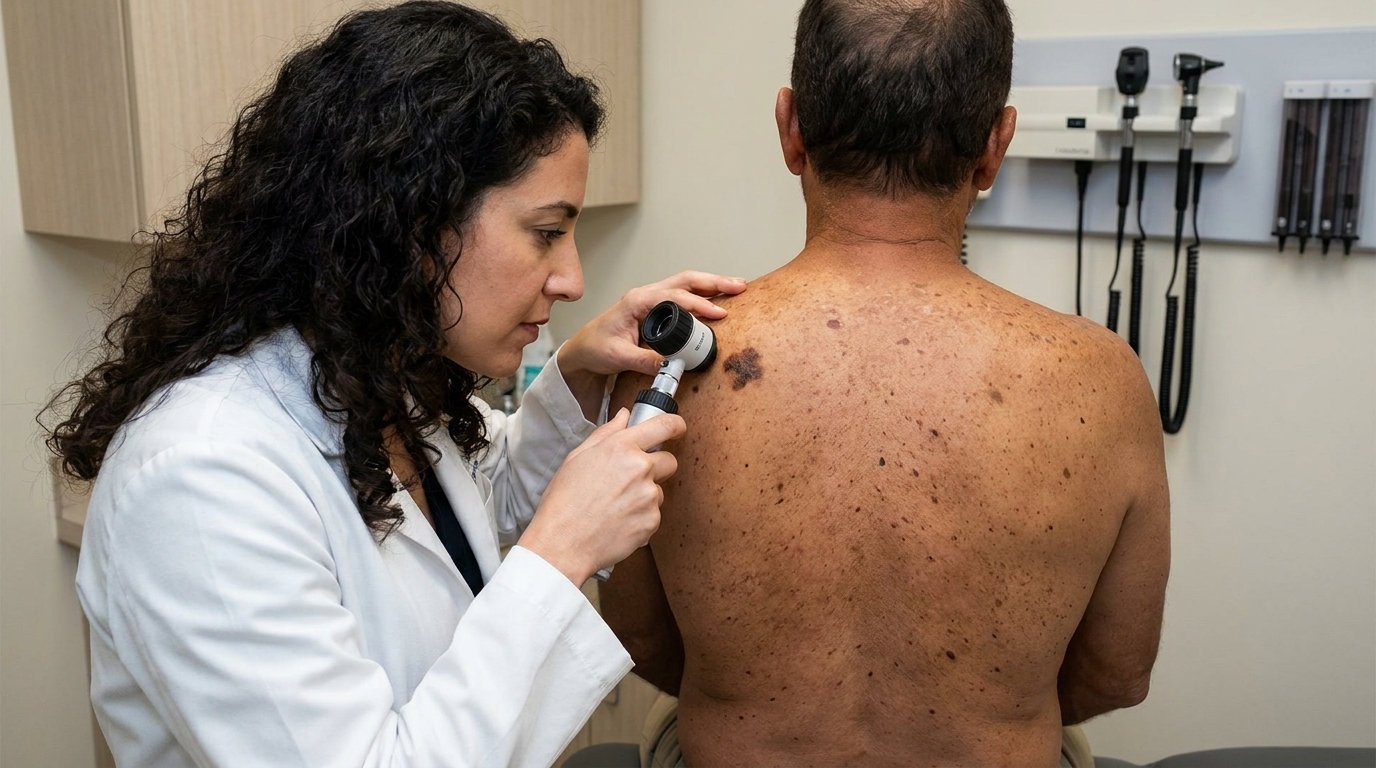 Dermatologist performing total-body skin examination with dermoscopy for melanoma detection at Couture Dermatology and Laser