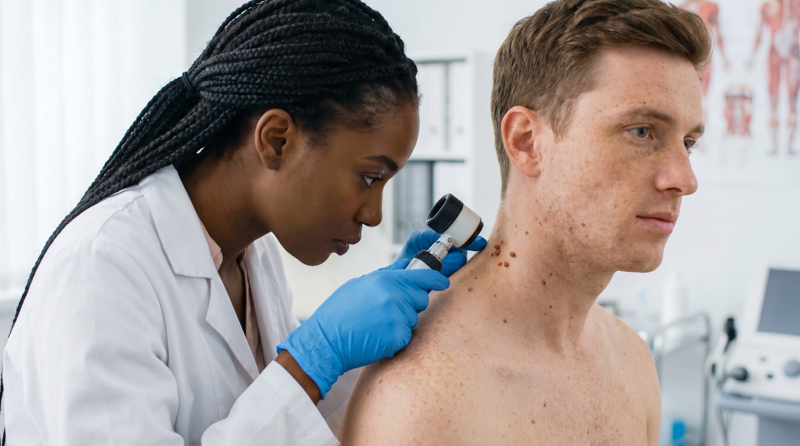 Dermatologist examining skin tag on patient neck at Couture Dermatology and Laser Beverly Hills